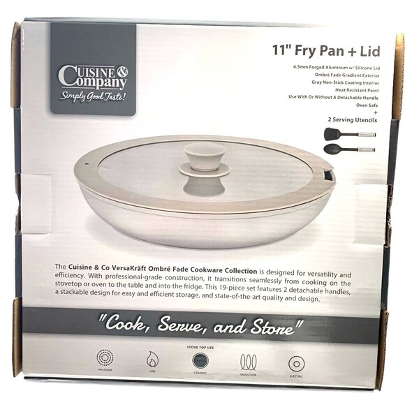 Cuisine 11" Fry Pan + Lid Cook Serve Store Detachable Handles + 2 Utensils New - Picture 2 of 4
